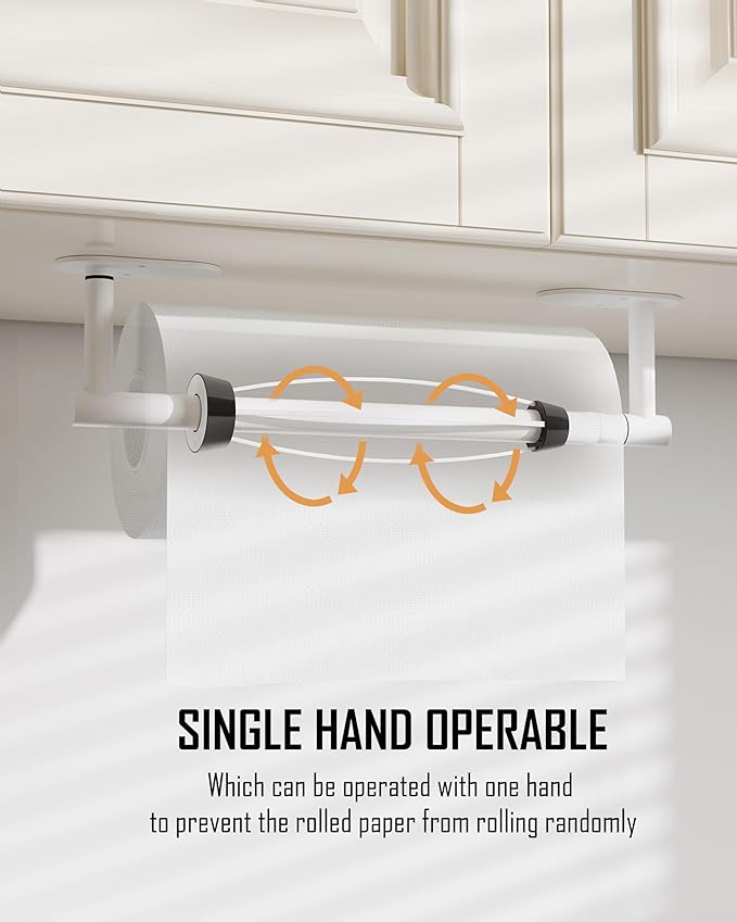 Paper Towel Holder Under Cabinet, Single Hand Operable Roll Holder with Damping Effect,No Drilling or Wall Mounted SUS304 Stainless Steel for Kitchen Bathroom (White)