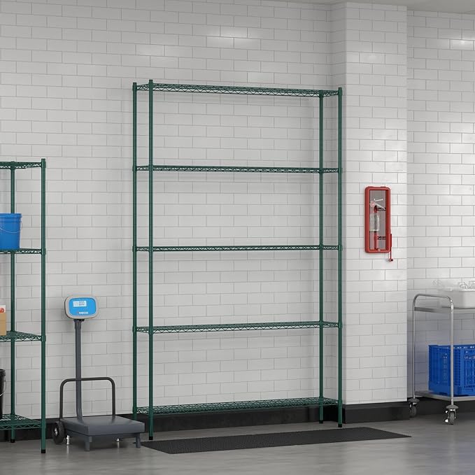 Commercial NSF Listed Green Epoxy Stationary Wire Shelving Kit 12" x 60" x 96", with 5 Shelves Perfect for Warehouse, Walk-in Refrigerator, Freezer, Grocery Store, Restaurant, Dishroom