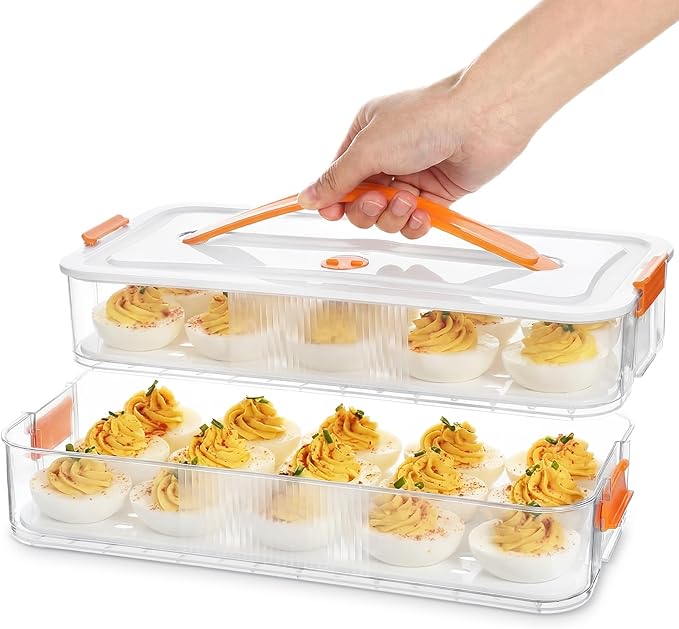 1 Pack Deviled Egg Container with Lid and Handle 2 Layer Deviled Egg Carrier for 30 Reusable Stackable Platter Clear Plastic Storage Tray for Dish Washer Party Home Kitchen Suppies