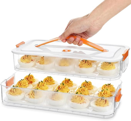 1 Pack Deviled Egg Container with Lid and Handle 2 Layer Deviled Egg Carrier for 30 Reusable Stackable Platter Clear Plastic Storage Tray for Dish Washer Party Home Kitchen Suppies