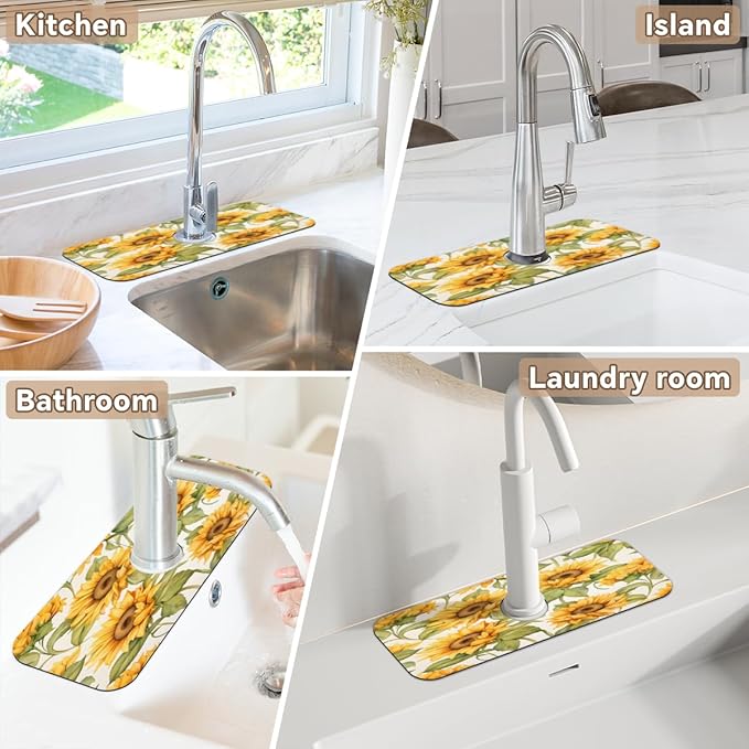 Sunflower Field Kitchen Faucet Mat Splash Guard, 15.4”x5.7” Absorbent Quick Drying Sink Mat for Countertop Protection, Draining Mat Sink Protectors For Kitchen Bathroom, 1 Pack
