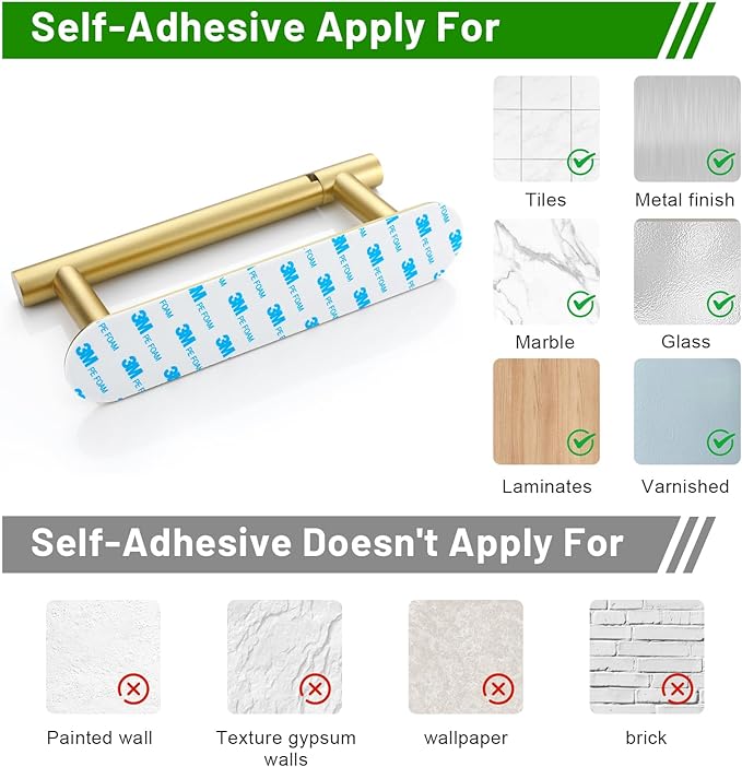 2 Pieces Self Adhesive Brushed Gold Toilet Paper Holder, Commercial Toilet Paper Dispenser Toilet Roll Holder, Double Base Paper Towel Holder Wall Mount No Drilling for Bathroom, Kitchen