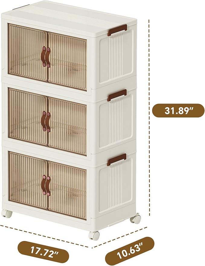ONAIL 35 QT Large Plastic Storage Bins with Lids Open Front, Stackable Storage Containers with Wheels for Clothes, Home, Room, White, 3 Tiers