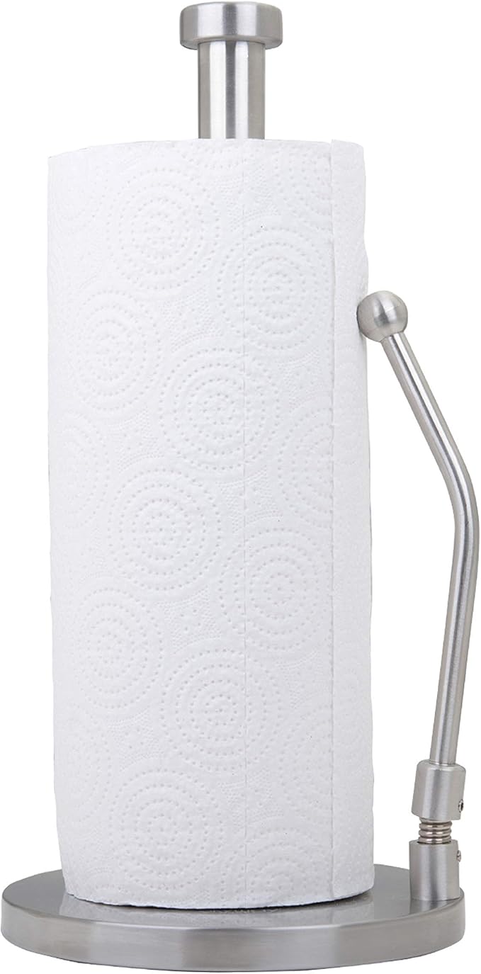 Stainless Steel Paper Towel Holder with Tension Arm – Heavy Weighted Countertop Kitchen Roll Holder, One-Hand Tear Design, Modern Metal Paper Towel Stand