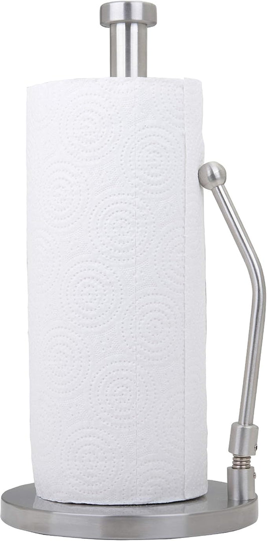 Stainless Steel Paper Towel Holder with Tension Arm – Heavy Weighted Countertop Kitchen Roll Holder, One-Hand Tear Design, Modern Metal Paper Towel Stand