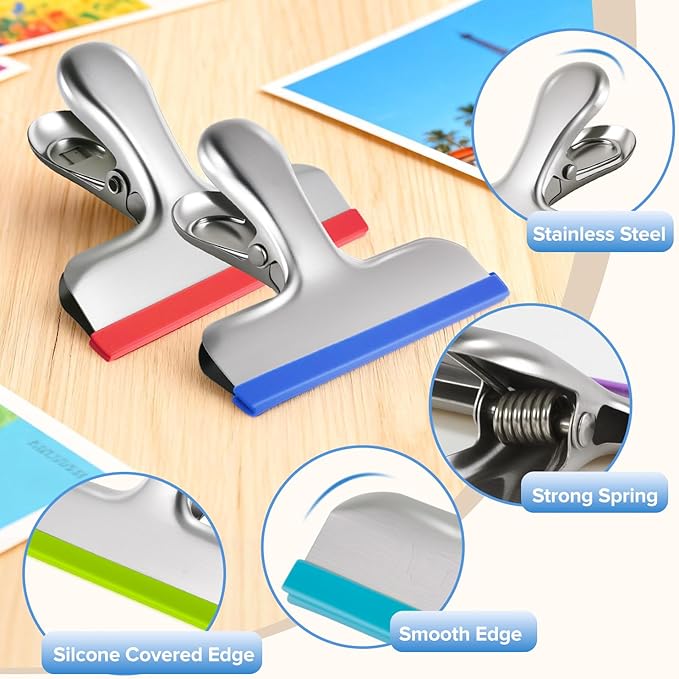 HOUSE AGAIN 8 Pack Stainless Steel Chip Bag Clips Covered with Silicone - NO More Sharp Edges - Color Coded for Upgrade Wide Open Food Bags, Heavy Duty for Kitchen and Office, (4 x L, 4 x S)