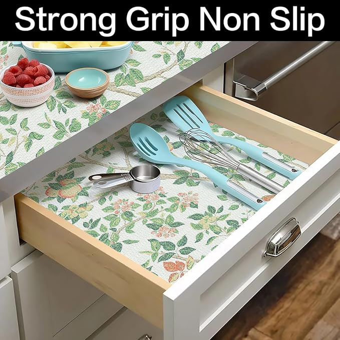 Terravue Shelf Liner for Kitchen Cabinets Non Adhesive Drawer Liners Non Slip Cupboard Liner Strong Grip Waterproof Cabinet Liners Easy to Clean Dresser Table Kitchen Shelves Paper 12IN x 16.4FT