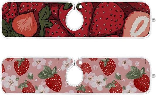 2 PCS Kitchen Sink Splash Guard 23.6 Inch Faucet Mat for Kitchen Sink Bathroom Sink Faucet Absorbing Drip Drain Mat Pad Microfiber Soft Washable Pink and Red Strawberry Flowers