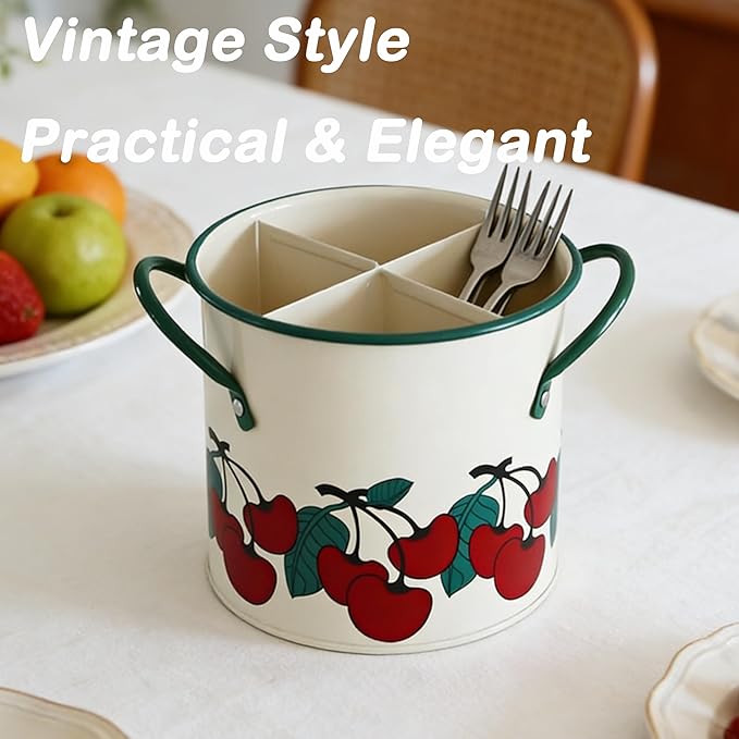 Vintage Utensil Crock - Cherry Kitchen Decor Iron Organizer with Detachable Divider, 4-Compartment Drain Hole Utensil Holder for Vintage Kitchen Utensils & Accessories