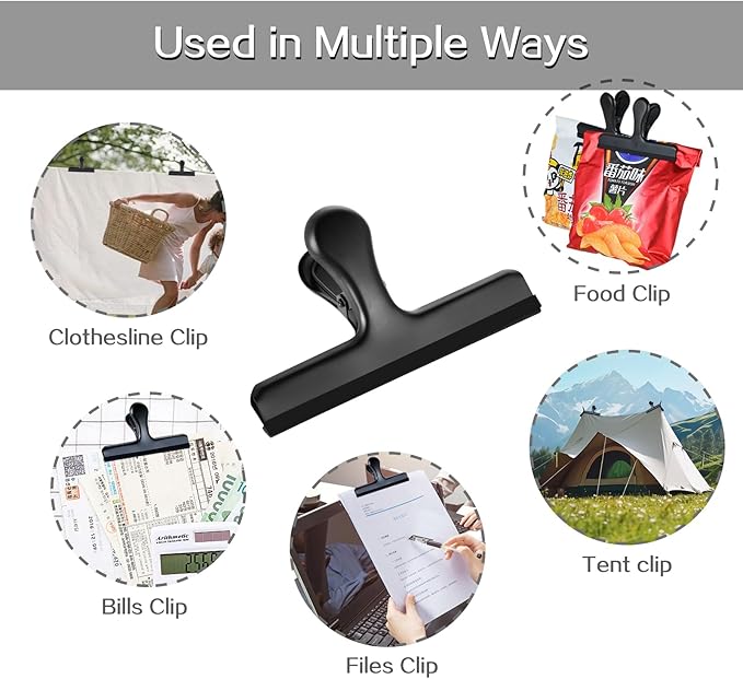 HOUSE AGAIN 6 Pack Stainless Steel Large Chip Bag Clips Covered with Silicone - NO More Sharp Edges - Color Coded for Food Bags - Air Tight Seal, Heavy Duty for Kitchen and Office, 5 Inches-Black