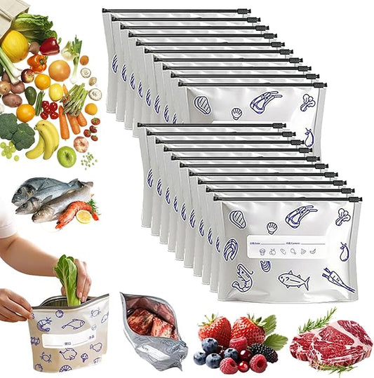 Reusable Aluminum Foil Sealable Storage Bags, 2026 New Resealable Vacuum Zipper Pouches for Food, Thicken Stand Up Foil Freezer Bags with Label & Zip Lock for Vegetable Fruit Meat (S*20)