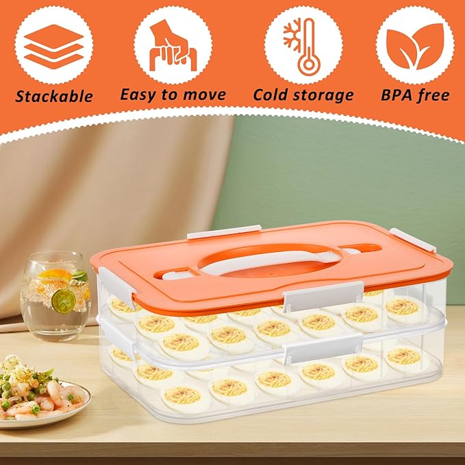 2-Layer Deviled Egg Containers with Lid, 36 Slots Plastic Detachable Egg Tray Carrier with Handle, Clear Eggs Storage Box Portable Eggs Holder for Easter Party Home Kitchen Refrigerator Supplies