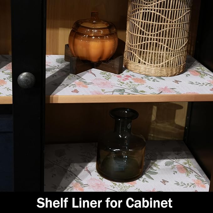 Amiitay Bird Floral Shelf Liners Non Adhesive and Strong Non-Slip Shelf and Drawer Liners for Kitchen Cabinet Wire Fridge, Waterproof Shelf Drawer Liner,Easy to Clean,12IN x 10FT