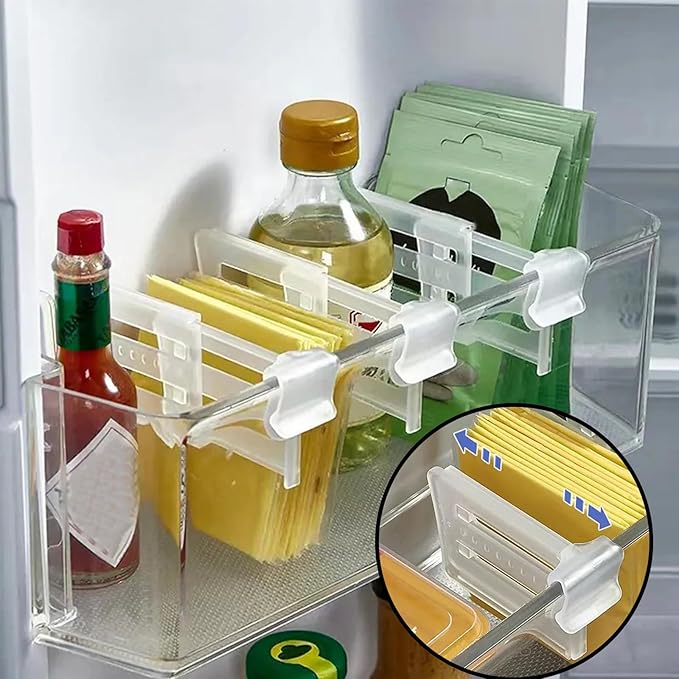 8 Pack Adjustable Refrigerator Door Organizer, Snap-on Fridge Dividers Clips, Retractable Fridge Space Allocator for Refrigerator Side Seam Organizing Cabinet Kitchen Drawer Storage
