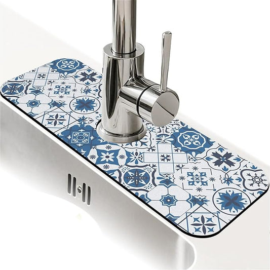 Kitchen Sink Splash Guard，Floral Mosaic stitching Faucet Mat Sink Gadgets-Super Absorbent Fast Drying Mat Drip Catcher for Kitchen, Bathroom,Sink Mat, Dish Drying Mat, Bathroom(15" X 5.5" )