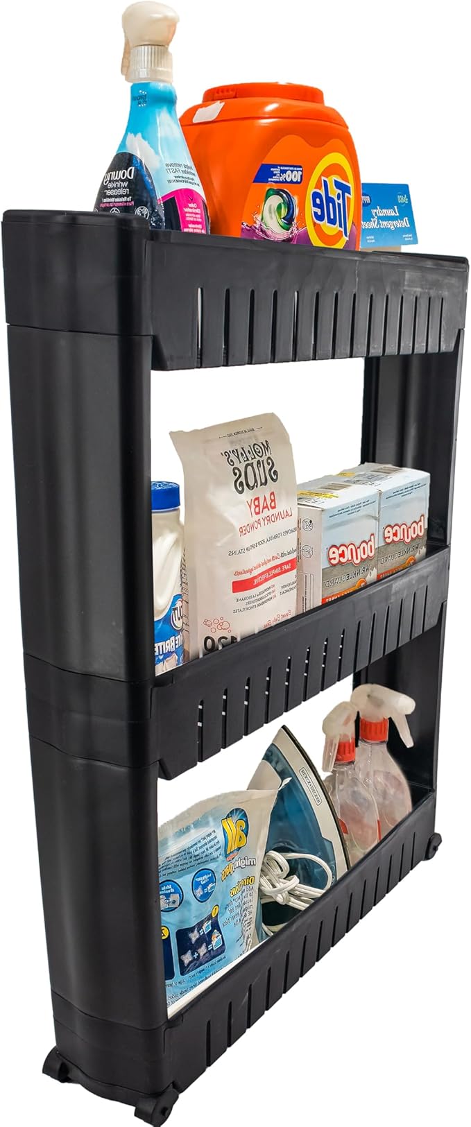 Slim Rolling Storage Cart - Narrow Slide Out Shelving Utility Cart - Mobile Storage for Laundry, Bathroom, Kitchen & Between Washer and Dryer (Black, 3 Tier)