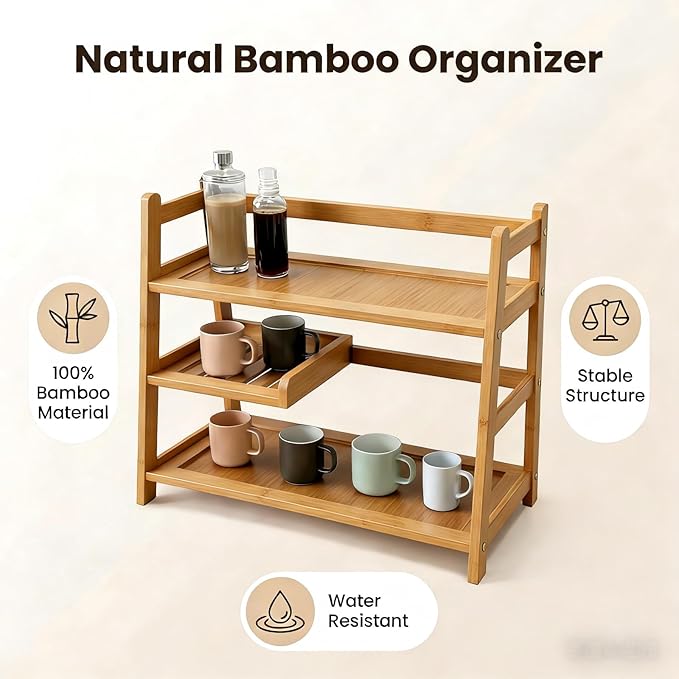 3 Tier Bamboo Matcha Station, coffee station organizer Shelf with Drawer for Kitchen Countertop, Tea Bar - Matcha Powder, Tools & Cup Organizer for Matcha Lovers, Home Baristas.
