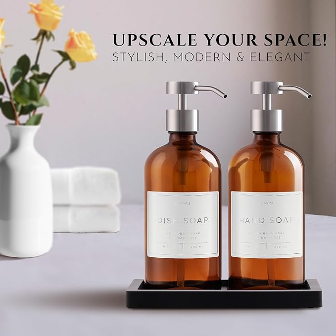 Lotion, Hand & Dish Soap Dispenser for Kitchen & Bathroom | Soap Dispenser Set of 2 16.8 Oz Glass Bottles with Stainless Steel Pump, 15 Water Proof Labels & Silicon Tray (Amber/Silver)