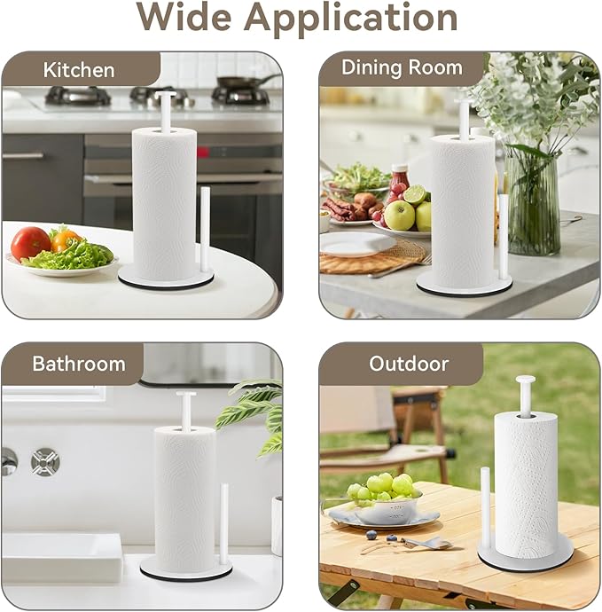 Paper Towel Holder Countertop, White Kitchen Roll Holder Stand for Kitchen and Bathroom Organization, Weighted Stainless Steel Paper Towel Holders for Standard and Large Rolls