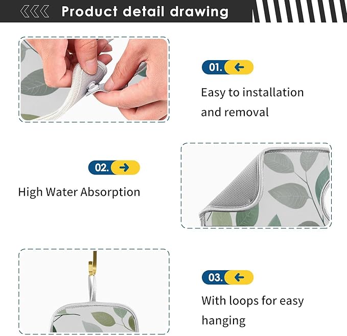 2 PCS Kitchen Sink Splash Guard 30 Inch Faucet Mat for Kitchen Sink Bathroom Sink Faucet Absorbing Drip Drain Mat Pad Microfiber Soft Washable Green and Grey Leaves