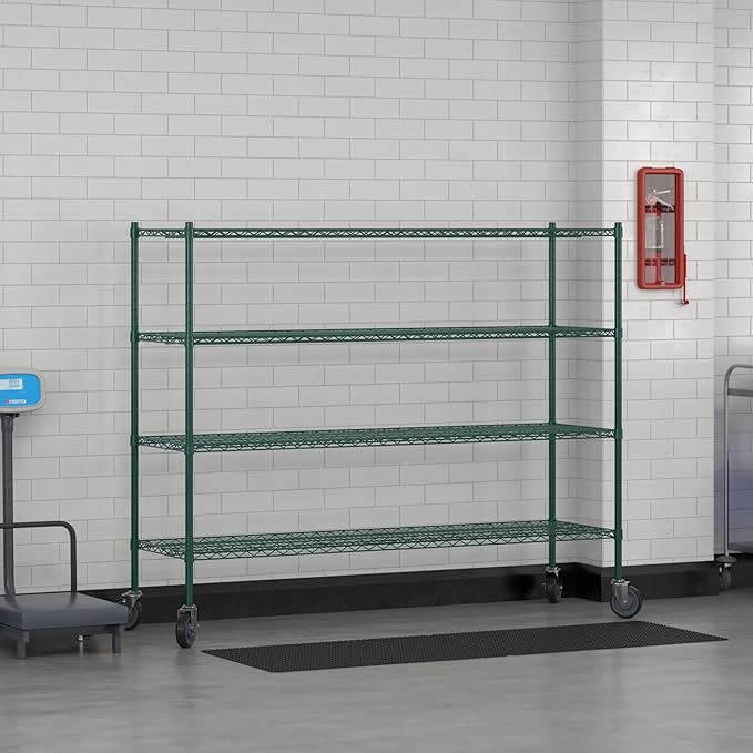 Commercial NSF Listed Green Epoxy Mobile Wire Shelving Kit 21" x 72" x 60", with 4 Shelves Perfect for Warehouse, Walk-in Refrigerator, Freezer, Grocery Store, Restaurant, Dishroom