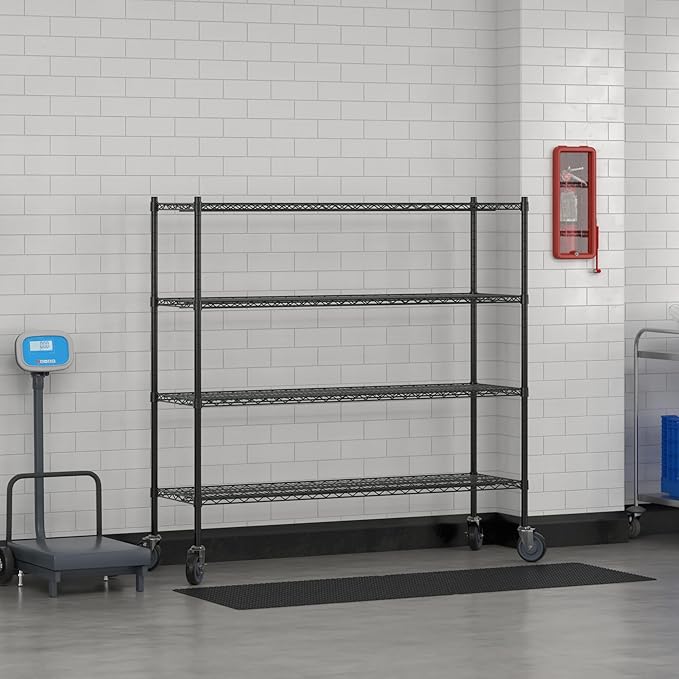 Commercial NSF Listed Black Epoxy Mobile Wire Shelving Kit 18" x 60" x 60", with 4 Shelves Perfect for Warehouse, Walk-in Refrigerator, Freezer, Grocery Store, Restaurant, Dishroom