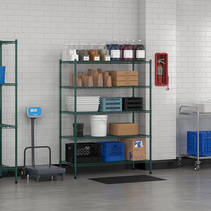 Commercial NSF Listed Green Epoxy Stationary Wire Shelving Kit 21" x 48" x 64", with 5 Shelves Perfect for Warehouse, Walk-in Refrigerator, Freezer, Grocery Store, Restaurant, Dishroom