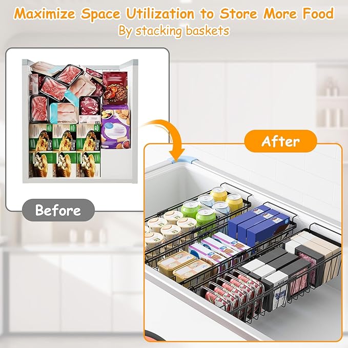 Large Chest Freezer Organizer Bins, Expandable Stackable Freezer Baskets Adjustable from 15.6" To 24.3" Freezer Chest Organizer Stackable Freezer Storage Containers with Hanging Handles