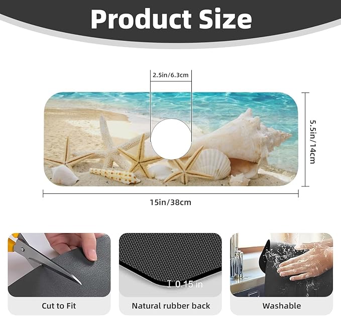 Summer Beach Starfish Sea Shell Blue Sky Sun Kitchen Sink Splash Guard Faucet Mat Super Absorbent Fast Drying Mat Sink Gadgets-Fast Drying Pad Sink Mat For Kitchen Bathroom (15" X 5.5" )