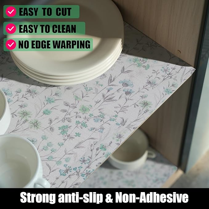 Amiitay Blue and Green Floral Shelf Liners Non Adhesive and Strong Non-Slip Shelf and Drawer Liners for Kitchen Cabinet Wire Fridge, Waterproof Shelf Drawer Liner,Easy to Clean,12IN x 10FT