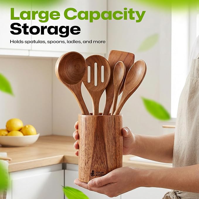 AIUHI Wood Utensil Holder for Kitchen Counter, Wooden Utensil Crock, Kitchen Utensil Organizer, 5.1"x 3.5" Large Spatula and Spoon Holders