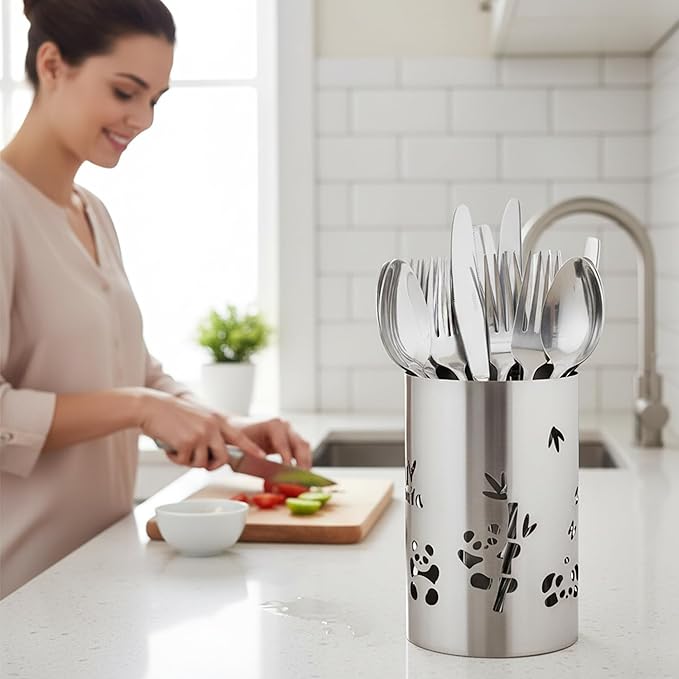 Stainless Steel Utensil Holder - Utensil Caddy, Weighted Base for Stability - Utensil Crock and Countertop Utensil Organizer, Stainless Steel Caddy Panda
