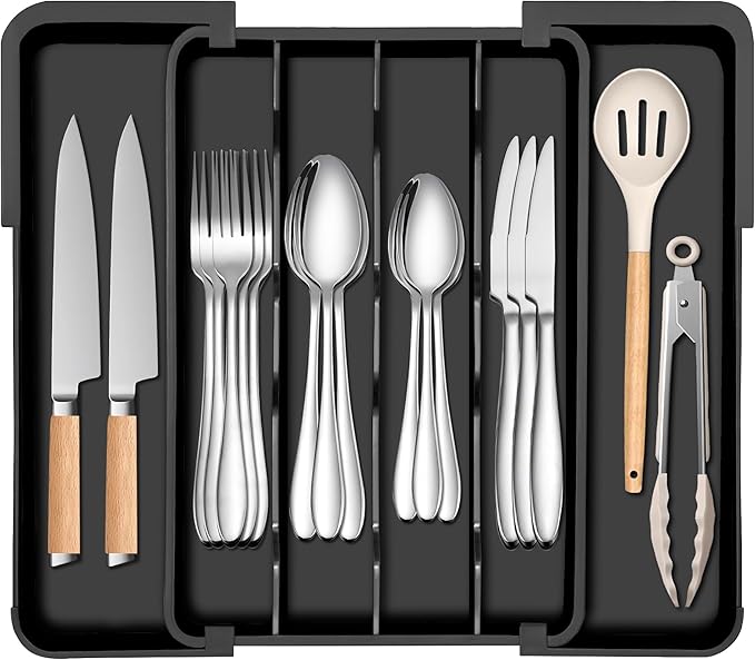Kitchen Silverware Organizer for Drawer - Expandable Silverware Drawer Organizer Adjustable Utensil Drawer Holder, Flatware Cutlery Tray for Spoons Forks Kitchen Organizers Storage,Black,M