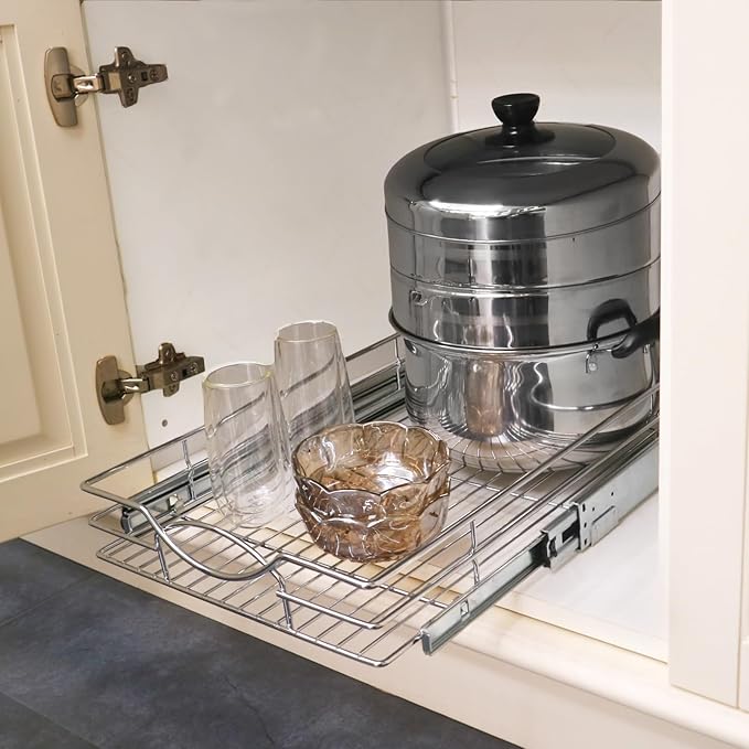 Pull Out Cabinet Organizer 20" W x 21" D, Heavy Duty Kitchen Cabinet Pull Out Shelves, Slide Out Wire Basket for Kitchen Cabinets, Bathroom, Pantry, Chrome Finish