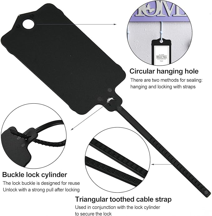 LeadSeals 100pcs Blank Plastic Tags for Labeling Reusable Hanging Tags Ties Key Tag Storage Tag Waterproof Plastic Mark Label Writable Hang Sign with One Marker Pen (Black)