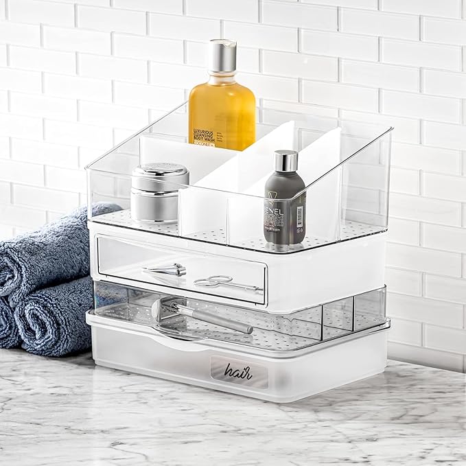 madesmart Angle Bin with Clear Lid, Tilt-Open Organizer for Makeup, Lotions, Cologne & Bathroom Essentials, Stackable Countertop or Cabinet Storage, White