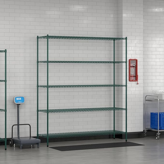 Commercial NSF Listed Green Epoxy Stationary Wire Shelving Kit 21" x 72" x 86", with 5 Shelves Perfect for Warehouse, Walk-in Refrigerator, Freezer, Grocery Store, Restaurant, Dishroom