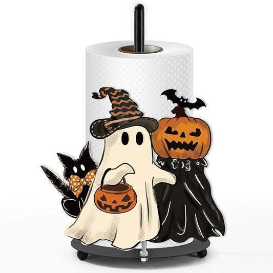JarThenaAMCS Halloween Paper Towel Holder Pumpkin Ghost Cat Kitchen Decor Accessories Large Metal Towel Holder Stand for Fall Home Party Bathroom Countertop