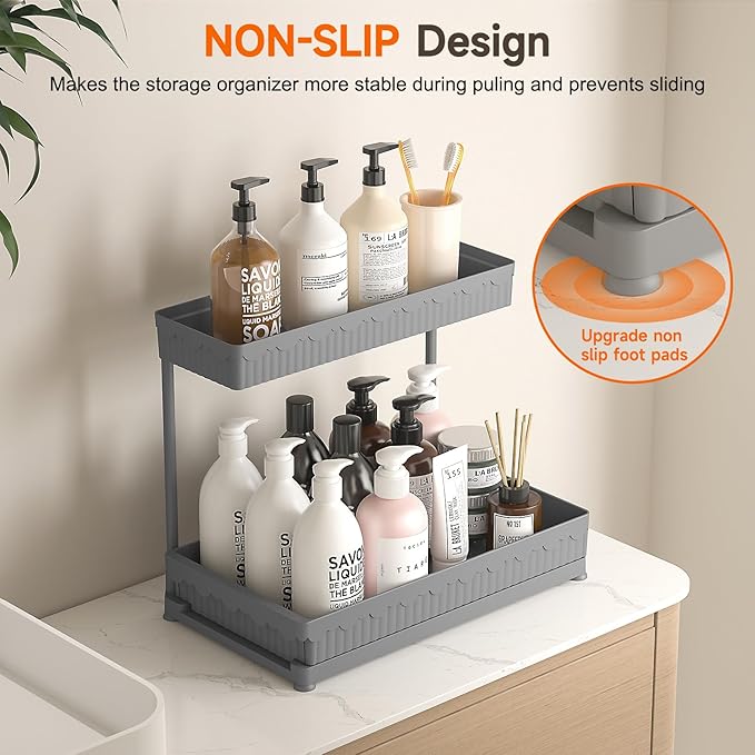 3 Pack Multi-Purpose Under Sink Organizers and Storage, 2025 L-Shaped Pull Out Cabinet Organizer for Bathroom & Kitchen, Under Cabinet Organizer with Hooks Hanging Cup, Grey, 14.85 inch
