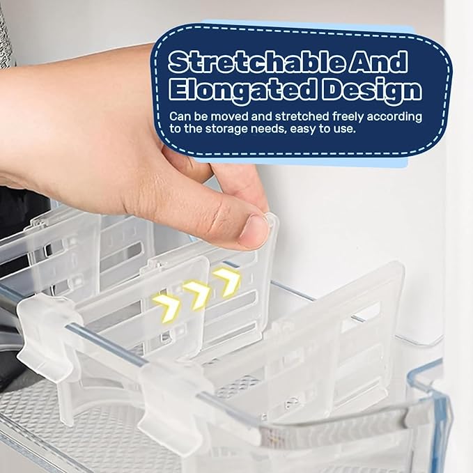 Adjustable Fridge Dividers 12 Pcs Clear Retractable Fridge Drawer Separators Plastic Snap-On Clips for Refrigerator Drawers Cabinet Kitchen Fridges Organizer Clip Expandable from 3.1 to 4.7 Inch