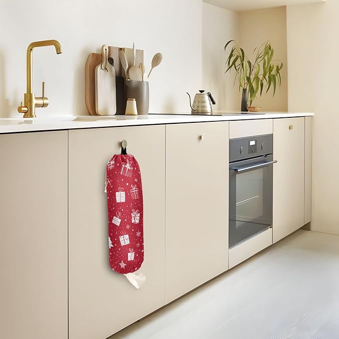 Plastic Bag Holder Wall Mount Grocery Bag Shopping Bag Storage Holder Organizer Dispenser with Adhesive Hook,for Kitchen Bathroom Home Decor 9x22 Inches Christmas Persent Stars23