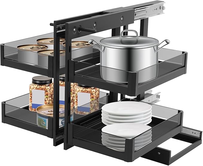 2-tier Pull-out Organizer with 4 Baskets, Kitchen Cabinet Blind Corner Pull-out Organizer, Corner Pull Out Cabinet with Sliding Design, Left Open & Right Open Compatible