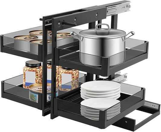 2-Tier Blind Corner Cabinet,55.12Lbs Kitchen Pull Out Cabinet with 4 Baskets,Blind Corner Basket Storage Organizer with Guardrail,Double Row 3-section Guide Rail Corners Optimizer,Pullout Cabinets