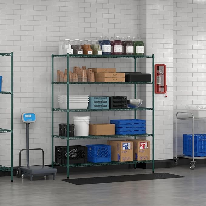 Commercial NSF Listed Green Epoxy Stationary Wire Shelving Kit 24" x 60" x 74", with 5 Shelves Perfect for Warehouse, Walk-in Refrigerator, Freezer, Grocery Store, Restaurant, Dishroom