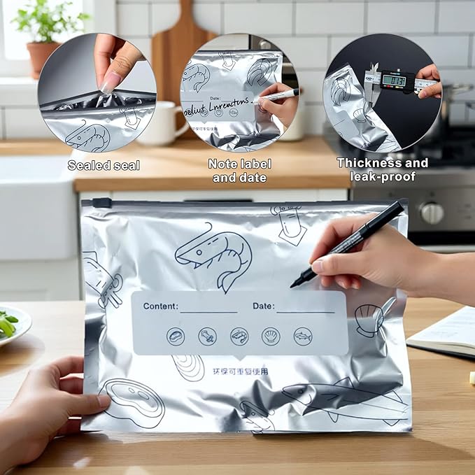 Reusable Aluminum Foil Sealable Storage Bags, Freezer Bags for Food, Reusable Freezer Storage Bags with Vacuum Zipper for Vegetable Fruit Meat (40PCS，3 Size)