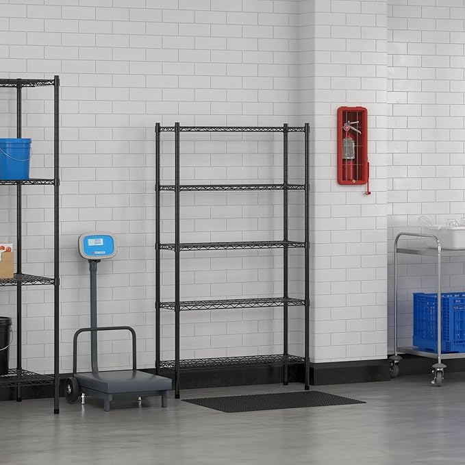 Commercial NSF Listed Black Epoxy Stationary Wire Shelving Kit 12" x 36" x 64", with 5 Shelves Perfect for Warehouse, Walk-in Refrigerator, Freezer, Grocery Store, Restaurant, Dishroom
