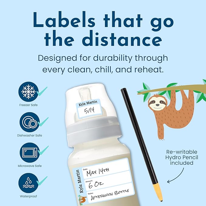Name Bubbles - Reusable Baby Bottle Labels for Daycare (20 Labels) - Kids Washable Name Tags for Bottles, Sippy Cups, & Snack Containers, Waterproof, Baby Name Stickers, Write-On (Sloth)