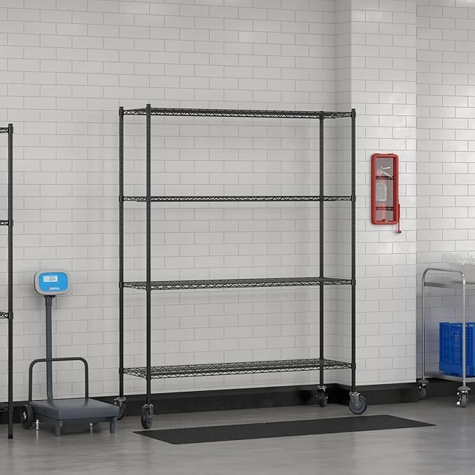 Commercial NSF Listed Black Epoxy Mobile Wire Shelving Kit 18" x 60" x 80", with 4 Shelves Perfect for Warehouse, Walk-in Refrigerator, Freezer, Grocery Store, Restaurant, Dishroom