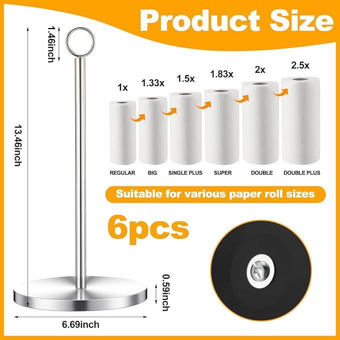LemonRoad 6 Pcs Paper Towels Holder Countertop Bulk Stainless Steel Weighted Base Vertical Paper Towels Stand Holder for Kitchen Bathroom Essentials, Silver