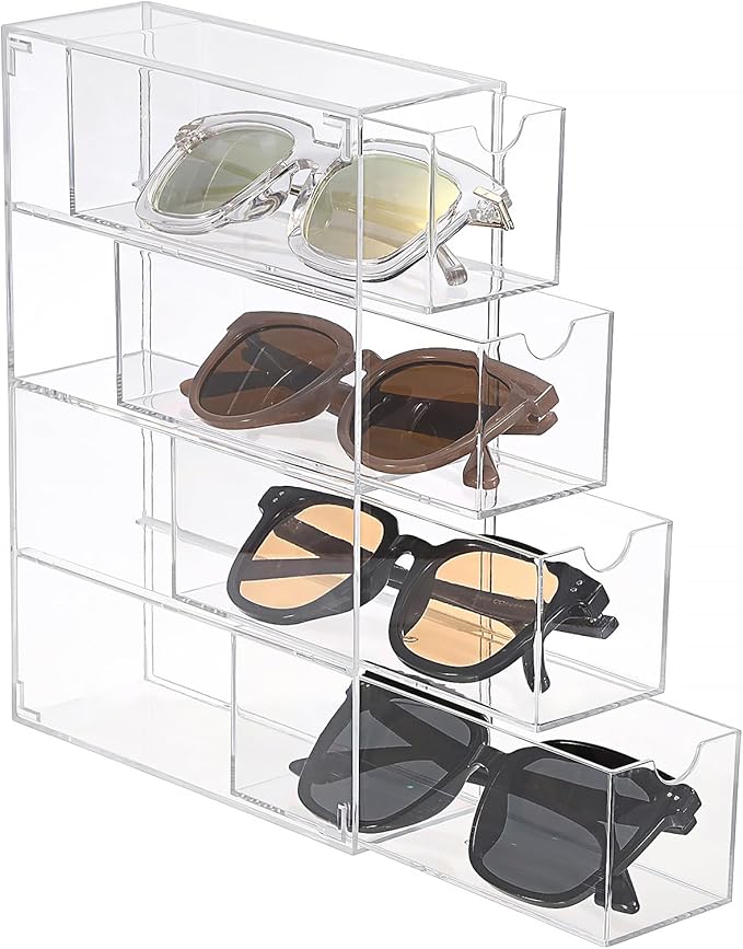 Hipiwe Acrylic Drawer Organizer Glasses Case Multiple Pairs Clear Desktop Drawers Box with 4 Pull Out Drawers Sunglasses Display Case Eyeglass Storage Organizer for Glasses Jewelry